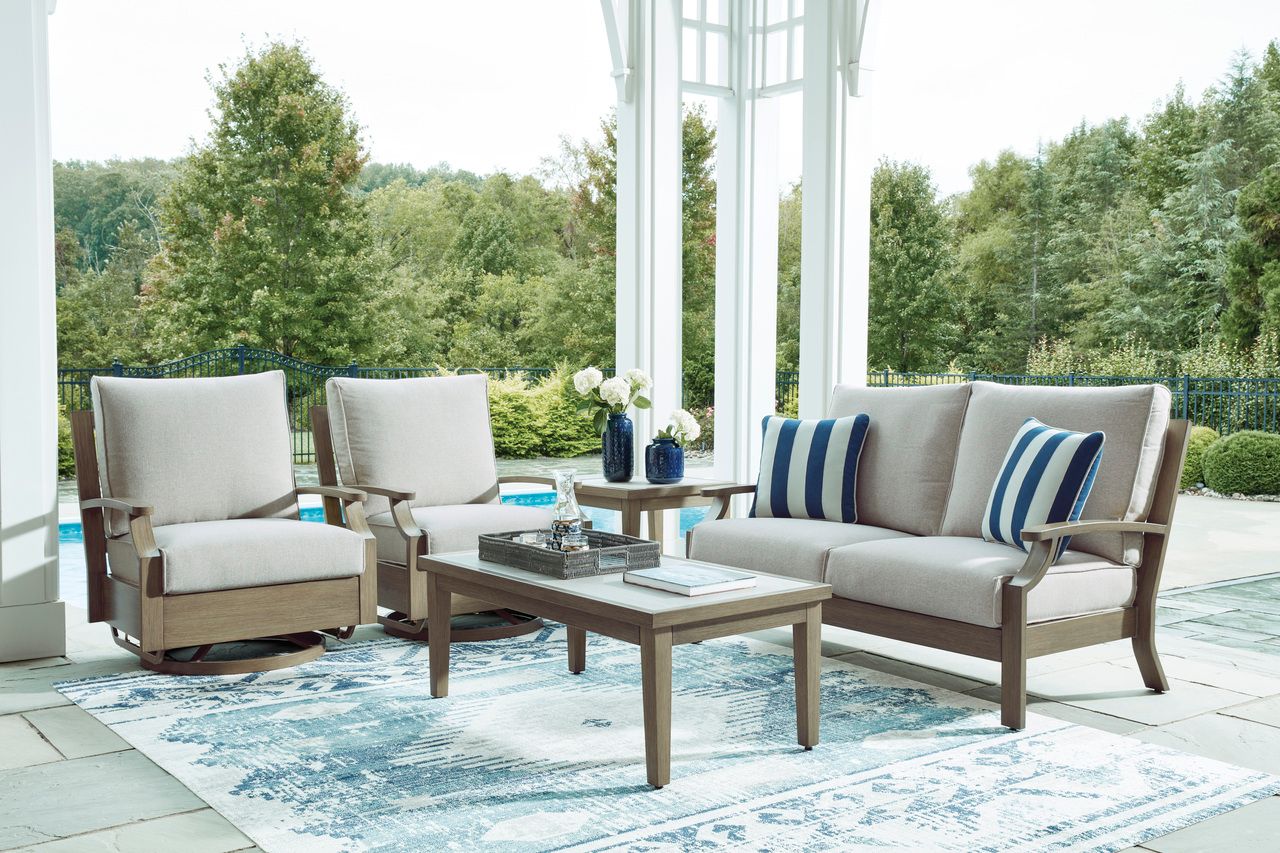 Rainier Ranch Outdoor Loveseat with Cushion In Brown and Beige P701835