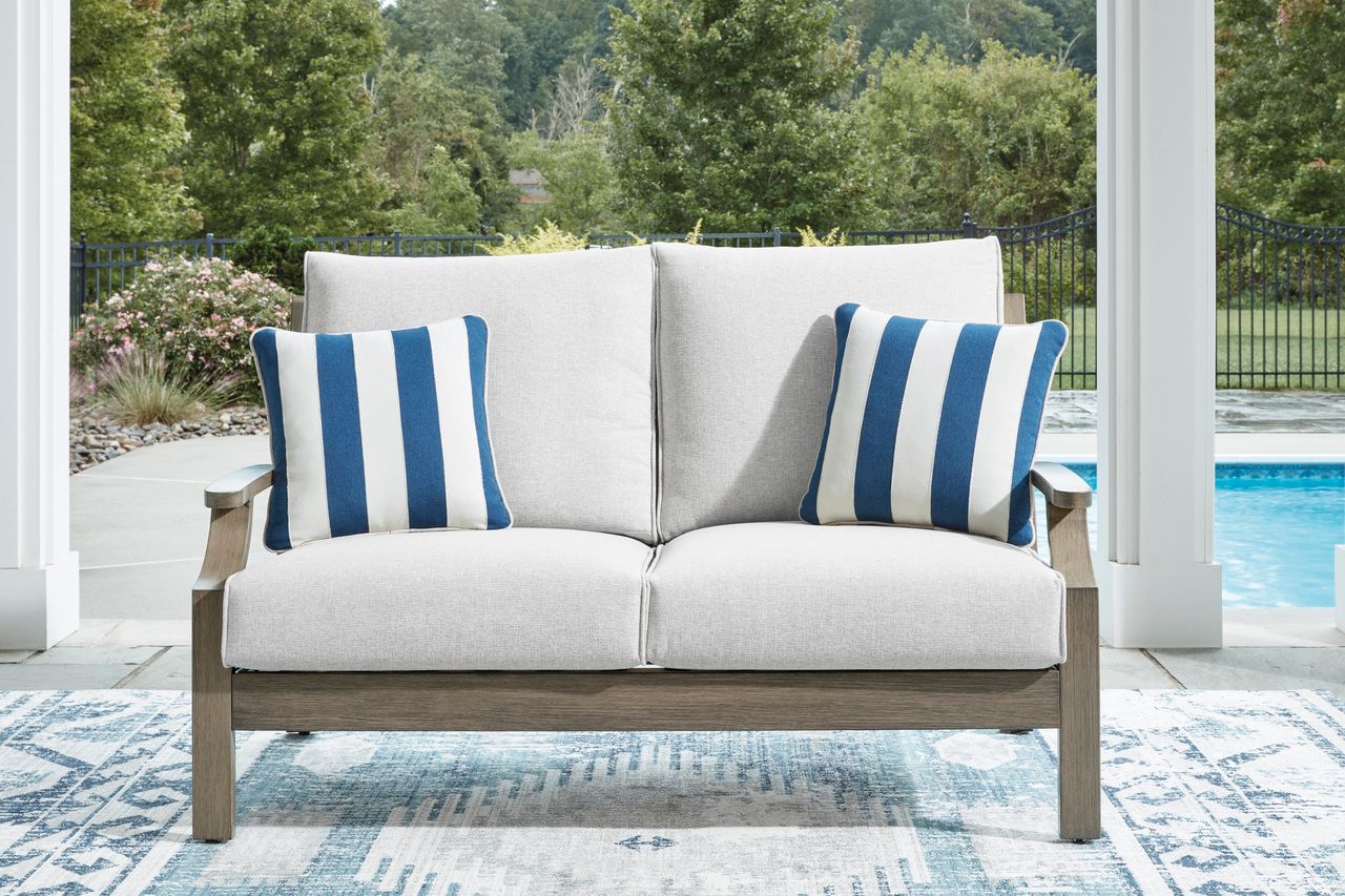 Rainier Ranch Outdoor Loveseat with Cushion In Brown and Beige P701835
