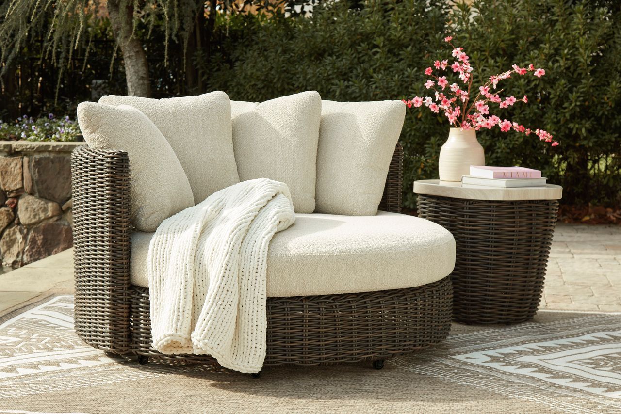 Kimora Outdoor Swivel Lounge Chair with Cushion In Beige and Dark Brown P711810