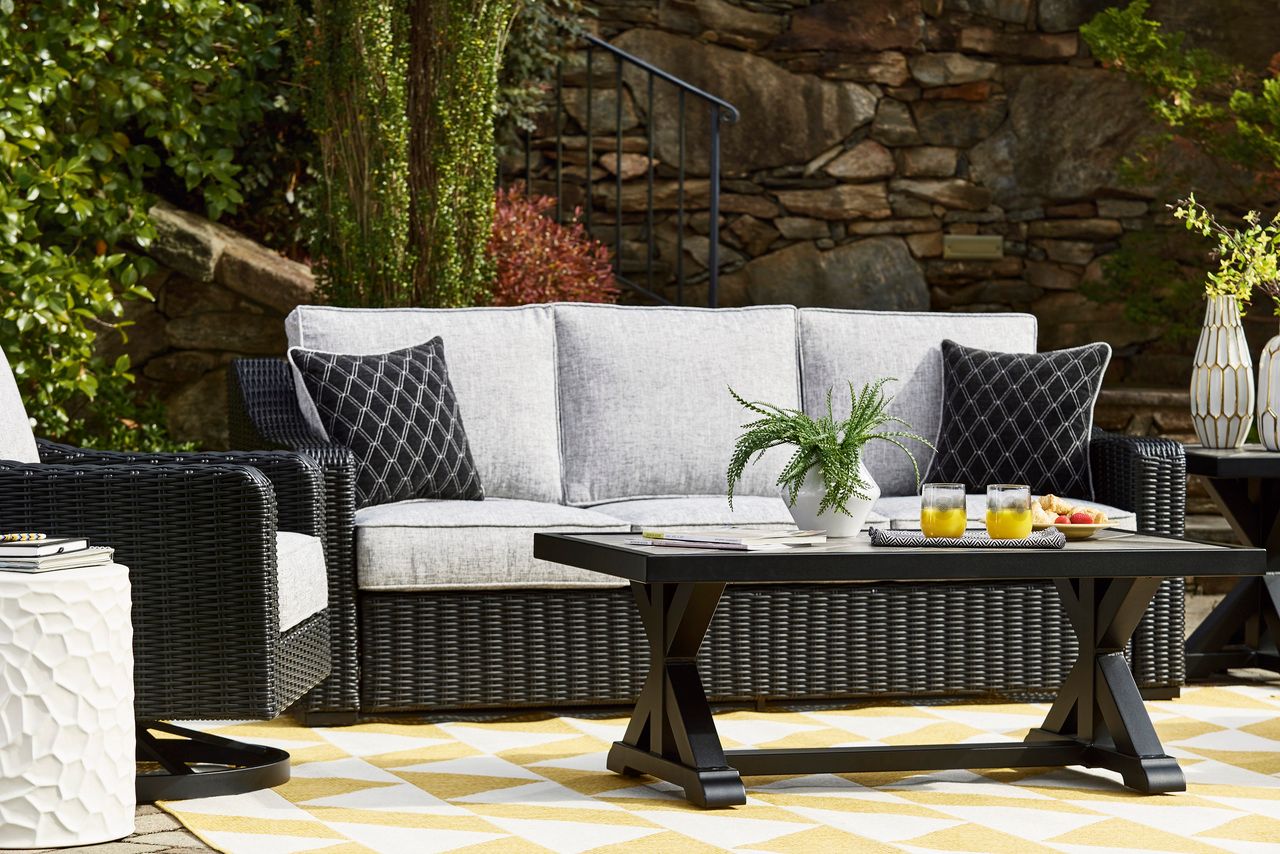 Beachcroft Outdoor Sofa with Cushion In Black/Light Gray P792838