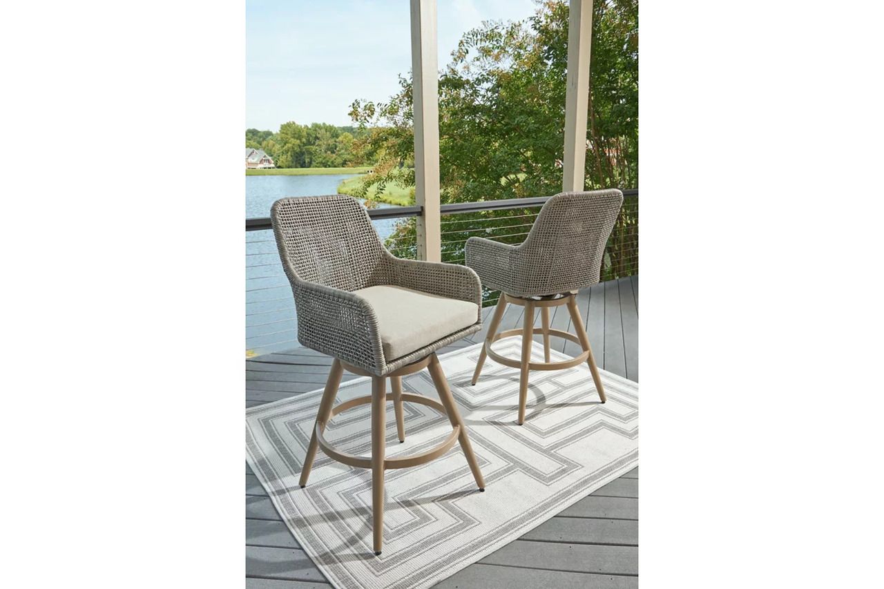 Seton Creek Outdoor Bar Height Barstool with Cushion Set of 2 In Gray and Beige P798130