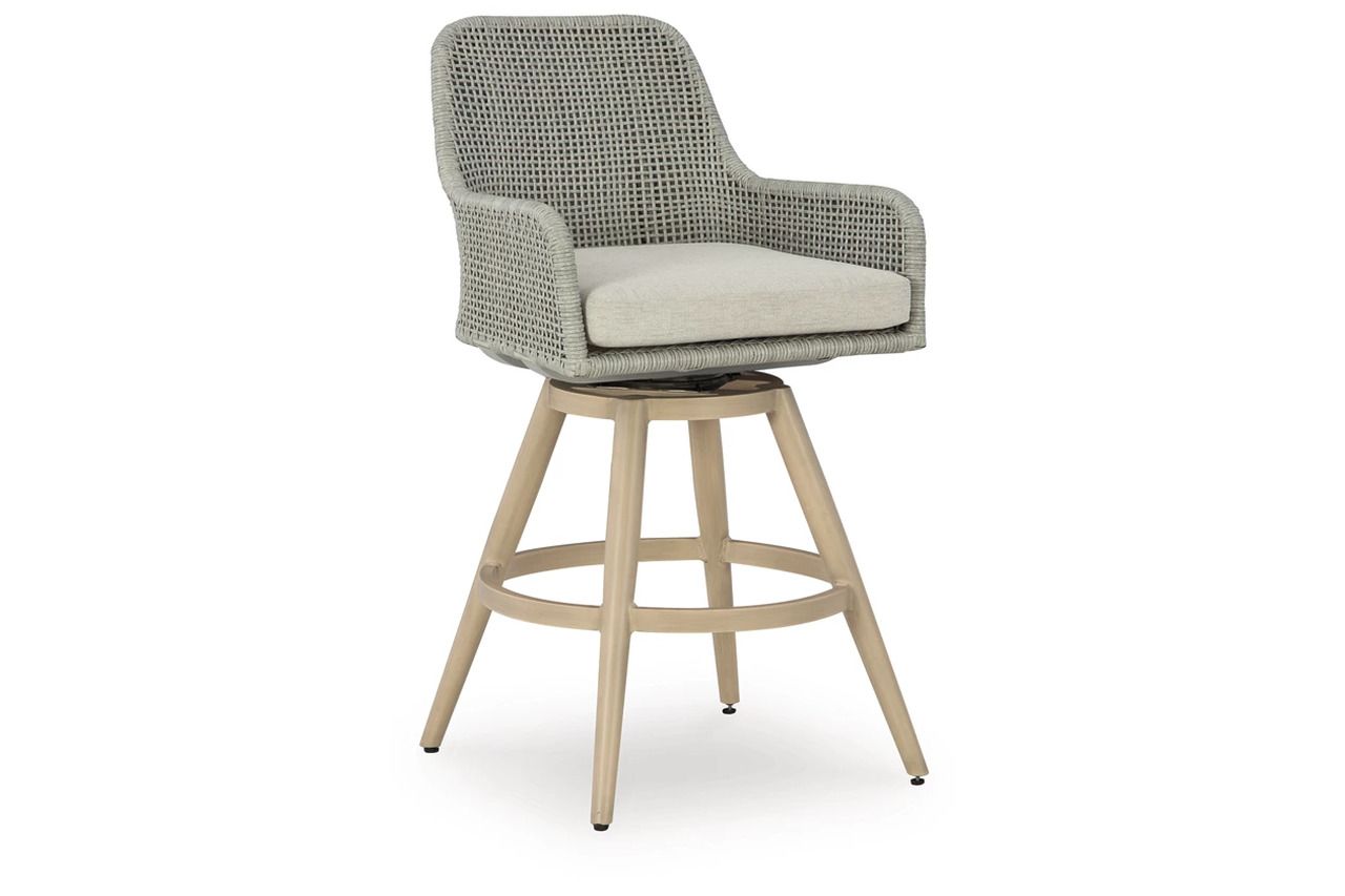 Seton Creek Outdoor Bar Height Barstool with Cushion Set of 2 In Gray and Beige P798130