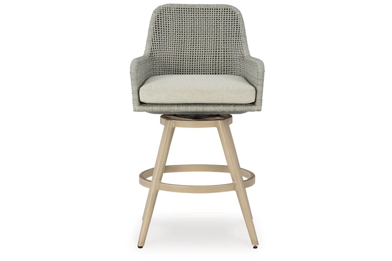 Seton Creek Outdoor Bar Height Barstool with Cushion Set of 2 In Gray and Beige P798130