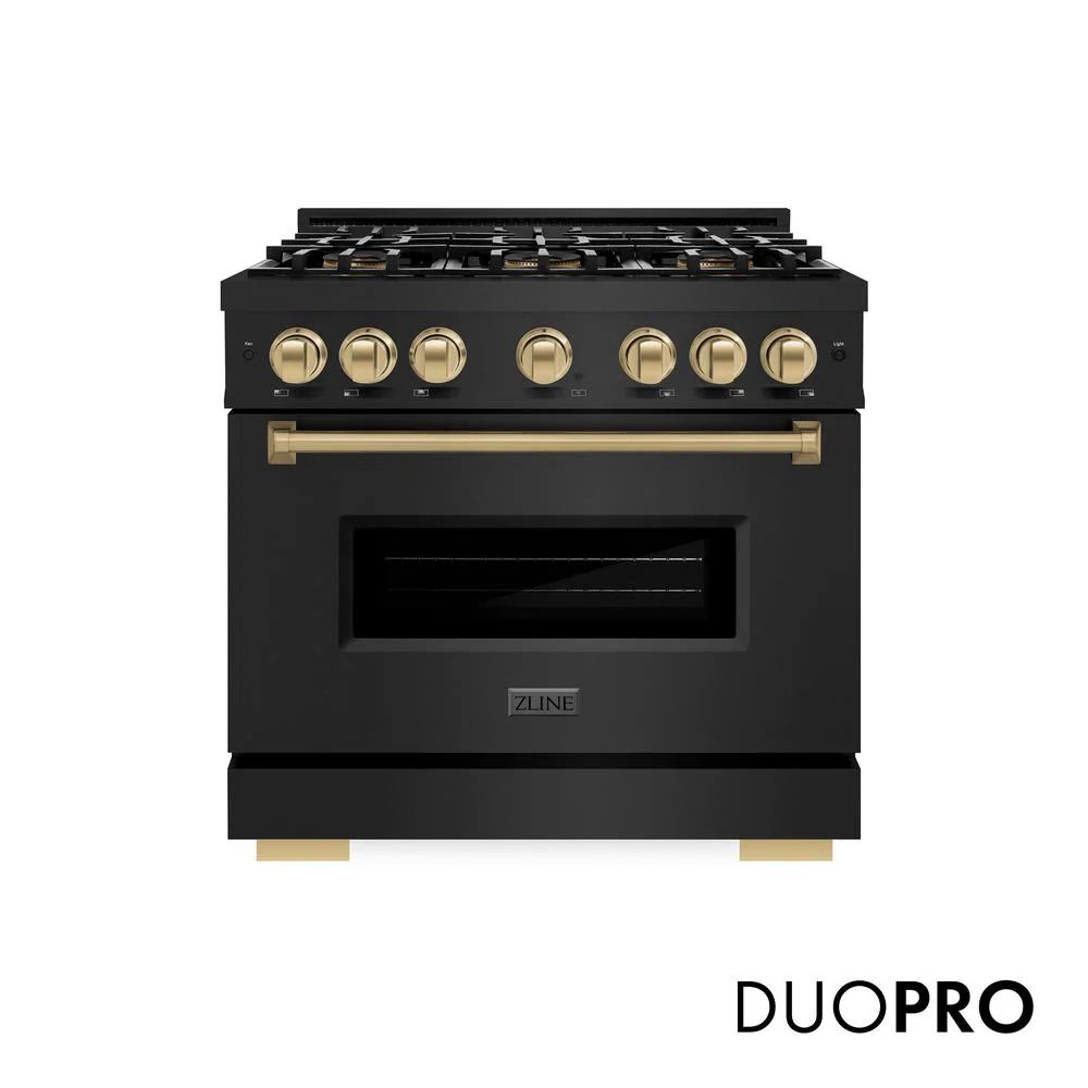 Autograph Edition 36 In. 5.2 Cu. Ft. Classic Dual Fuel Range With 6 Burner Duopro™ Cooktop And Electric Convection Oven In Black Stainless Steel And Champagne Bronze Accents PCDRBZ36CB