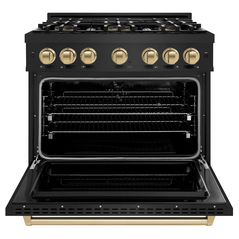 Autograph Edition 36 In. 5.2 Cu. Ft. Classic Dual Fuel Range With 6 Burner Duopro™ Cooktop And Electric Convection Oven In Black Stainless Steel And Champagne Bronze Accents PCDRBZ36CB