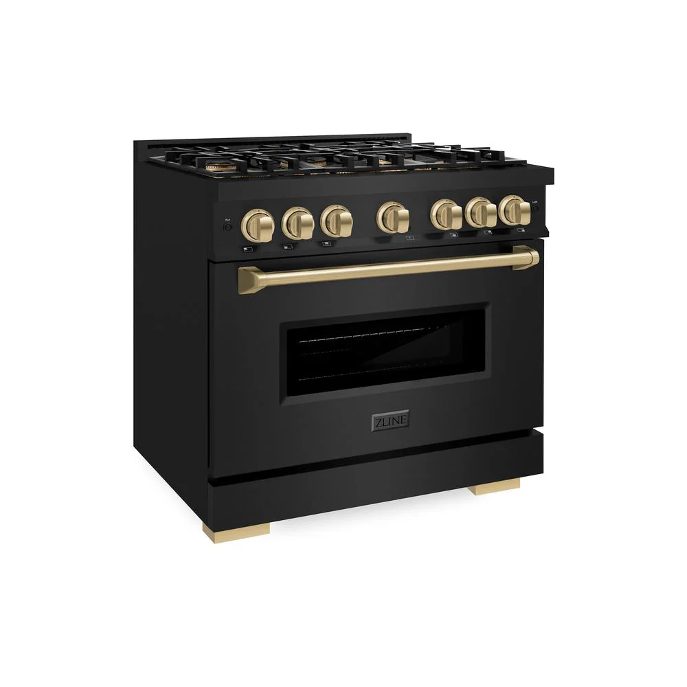 Autograph Edition 36 In. 5.2 Cu. Ft. Classic Dual Fuel Range With 6 Burner Duopro™ Cooktop And Electric Convection Oven In Black Stainless Steel And Champagne Bronze Accents PCDRBZ36CB