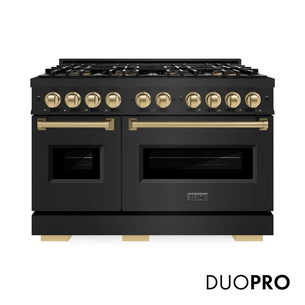 Autograph Edition 48 In. 6.7 Cu. Ft. Classic Dual Fuel Range With 8 Burner Duopro™ Cooktop And Dual Ovens In Black Stainless Steel And Champagne Bronze Accents PCDRBZ48CB