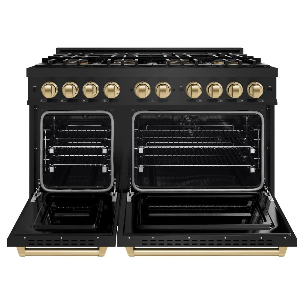 Autograph Edition 48 In. 6.7 Cu. Ft. Classic Dual Fuel Range With 8 Burner Duopro™ Cooktop And Dual Ovens In Black Stainless Steel And Champagne Bronze Accents PCDRBZ48CB