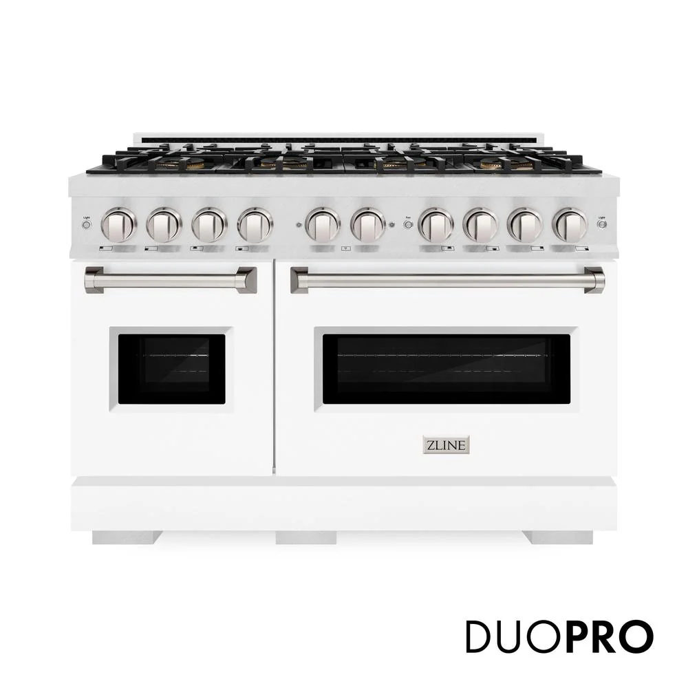 48 In. 6.7 Cu. Ft. Classic Dual Fuel Range With 8 Burner Duopro™ Cooktop And Dual Ovens In Satin Stainless Steel With White Matte Doors PCDRSWM48