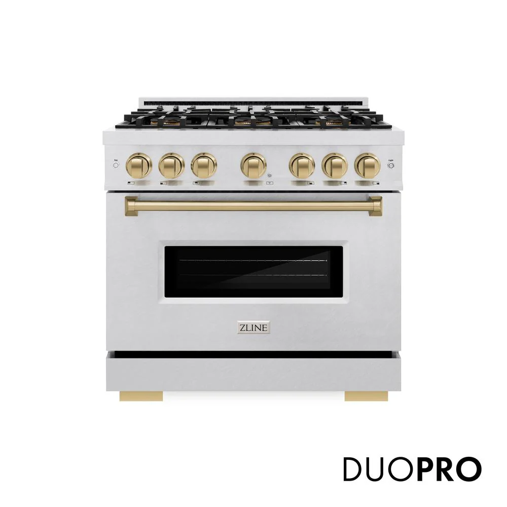Autograph Edition 36 In. 5.2 Cu. Ft. Classic Dual Fuel Range With 6 Burner Duopro™ Cooktop And Electric Convection Oven In Satin Stainless Steel And Champagne Bronze Accents PCDRSZ36CB