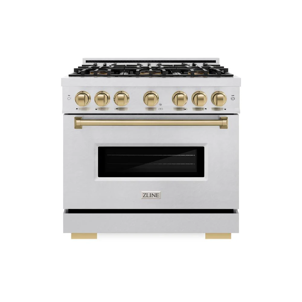 Autograph Edition 36 In. 5.2 Cu. Ft. Classic Dual Fuel Range With 6 Burner Duopro™ Cooktop And Electric Convection Oven In Satin Stainless Steel And Champagne Bronze Accents PCDRSZ36CB