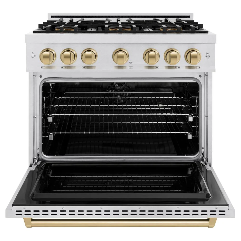 Autograph Edition 36 In. 5.2 Cu. Ft. Classic Dual Fuel Range With 6 Burner Duopro™ Cooktop And Electric Convection Oven In Satin Stainless Steel And Champagne Bronze Accents PCDRSZ36CB