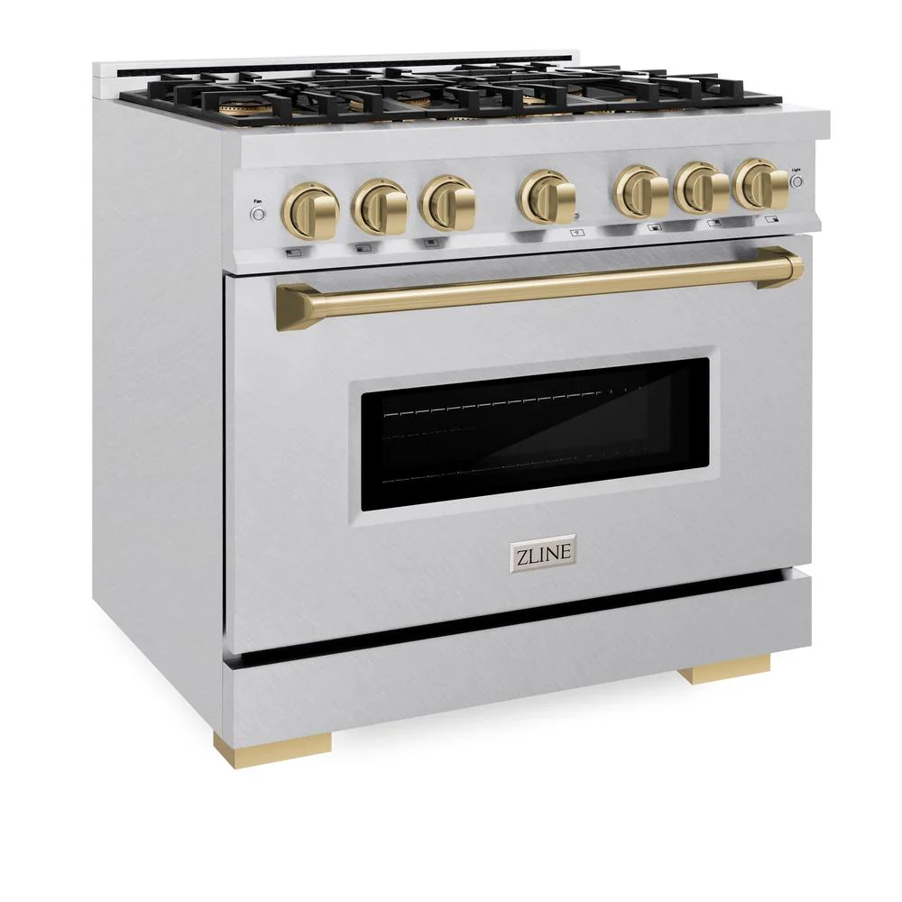 Autograph Edition 36 In. 5.2 Cu. Ft. Classic Dual Fuel Range With 6 Burner Duopro™ Cooktop And Electric Convection Oven In Satin Stainless Steel And Champagne Bronze Accents PCDRSZ36CB