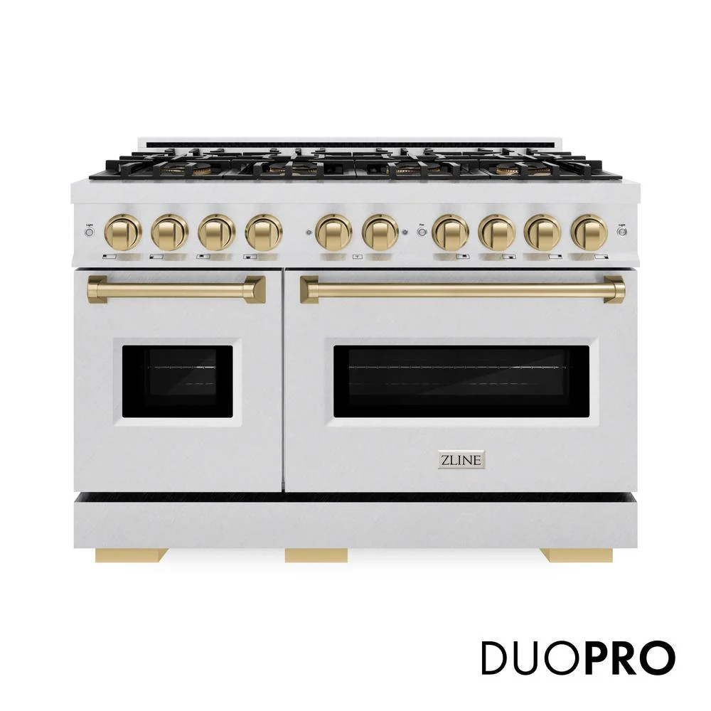 Autograph Edition 48 In. 6.7 Cu. Ft. Classic Dual Fuel Range With 8 Burner Duopro™ Cooktop And Dual Ovens In Satin Stainless Steel And Champagne Bronze Accents PCDRSZ48CB