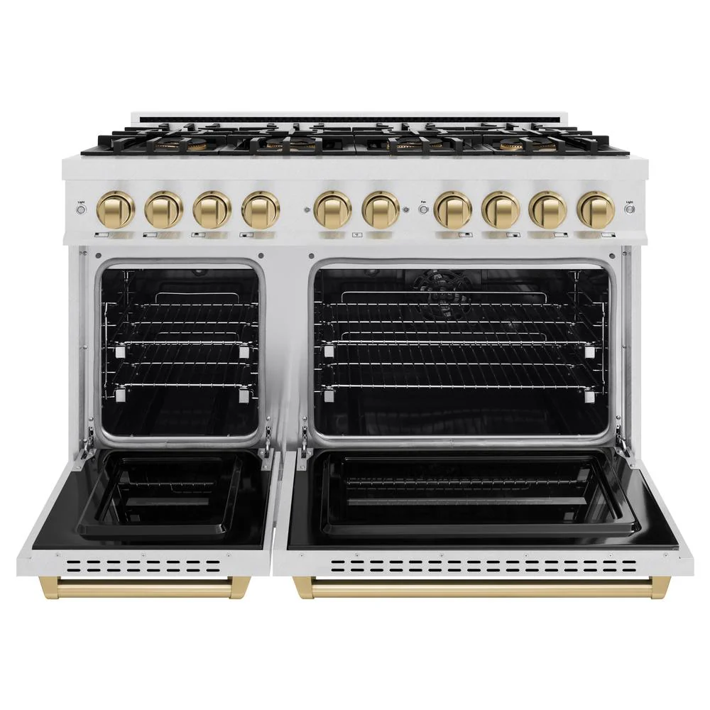 Autograph Edition 48 In. 6.7 Cu. Ft. Classic Dual Fuel Range With 8 Burner Duopro™ Cooktop And Dual Ovens In Satin Stainless Steel And Champagne Bronze Accents PCDRSZ48CB