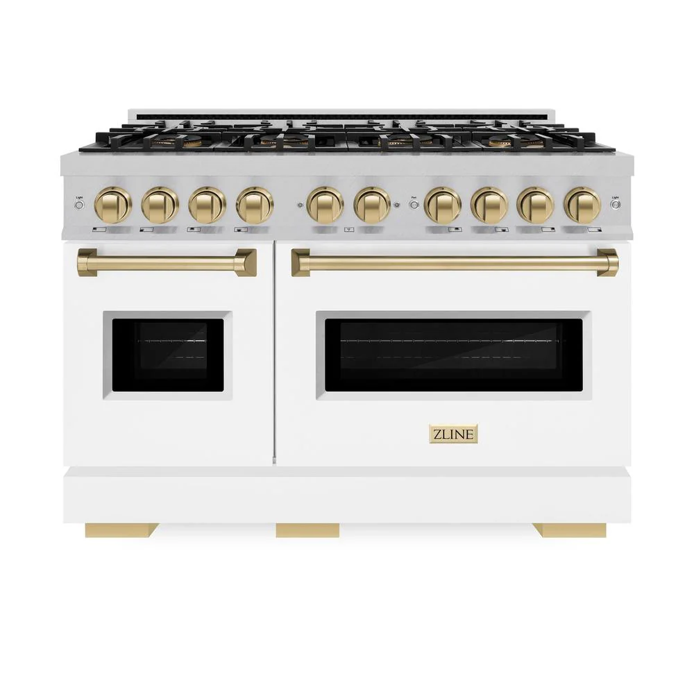 Autograph Edition 48 In. 6.7 Cu. Ft. Classic Dual Fuel Range With 8 Burner Duopro™ Cooktop And Dual Ovens In Satin Stainless Steel With White Matte Doors And Champagne Bronze Accents PCDRSZWM48CB