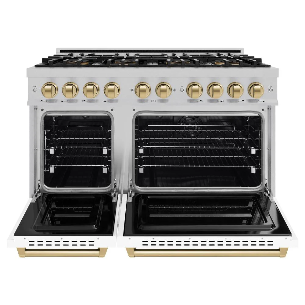 Autograph Edition 48 In. 6.7 Cu. Ft. Classic Dual Fuel Range With 8 Burner Duopro™ Cooktop And Dual Ovens In Satin Stainless Steel With White Matte Doors And Champagne Bronze Accents PCDRSZWM48CB