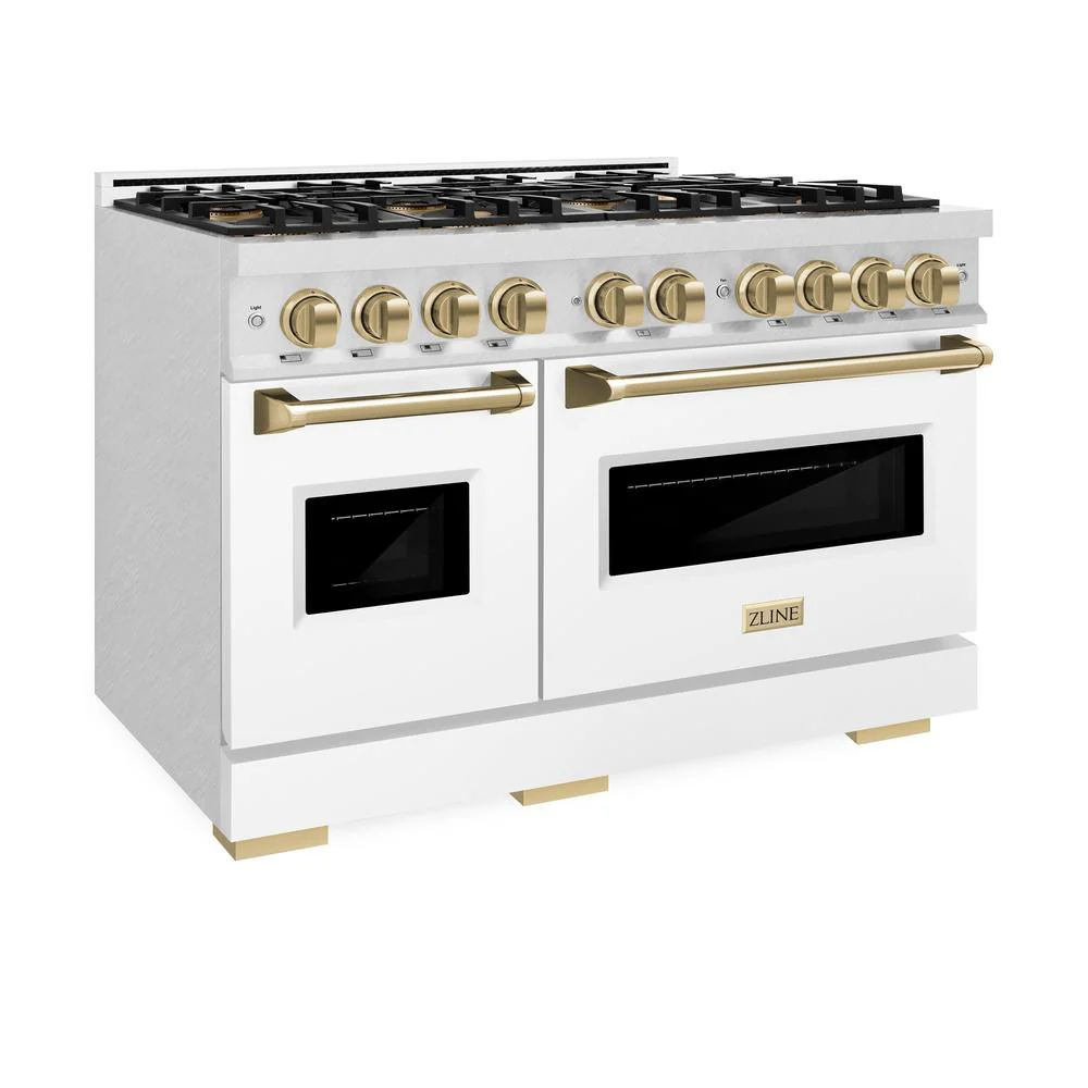 Autograph Edition 48 In. 6.7 Cu. Ft. Classic Dual Fuel Range With 8 Burner Duopro™ Cooktop And Dual Ovens In Satin Stainless Steel With White Matte Doors And Champagne Bronze Accents PCDRSZWM48CB