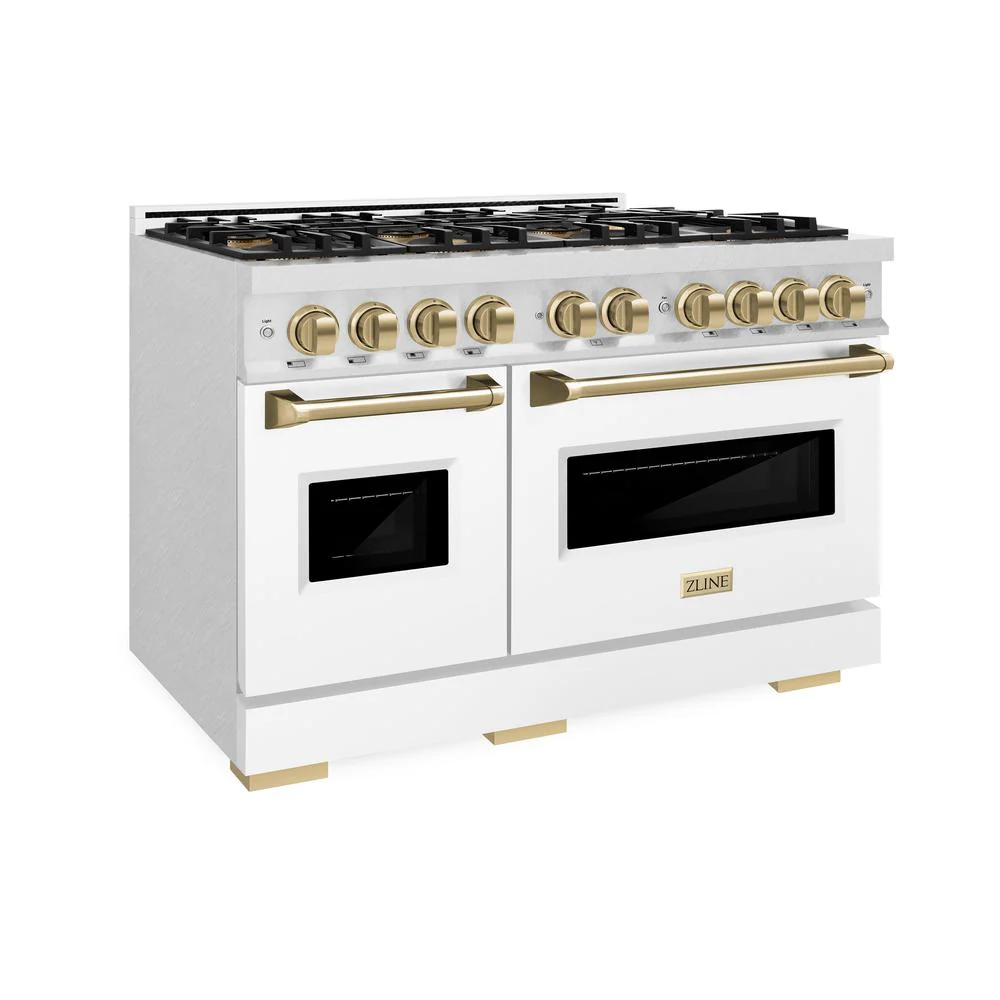 Autograph Edition 48 In. 6.7 Cu. Ft. Classic Dual Fuel Range With 8 Burner Duopro™ Cooktop And Dual Ovens In Satin Stainless Steel With White Matte Doors And Champagne Bronze Accents PCDRSZWM48CB