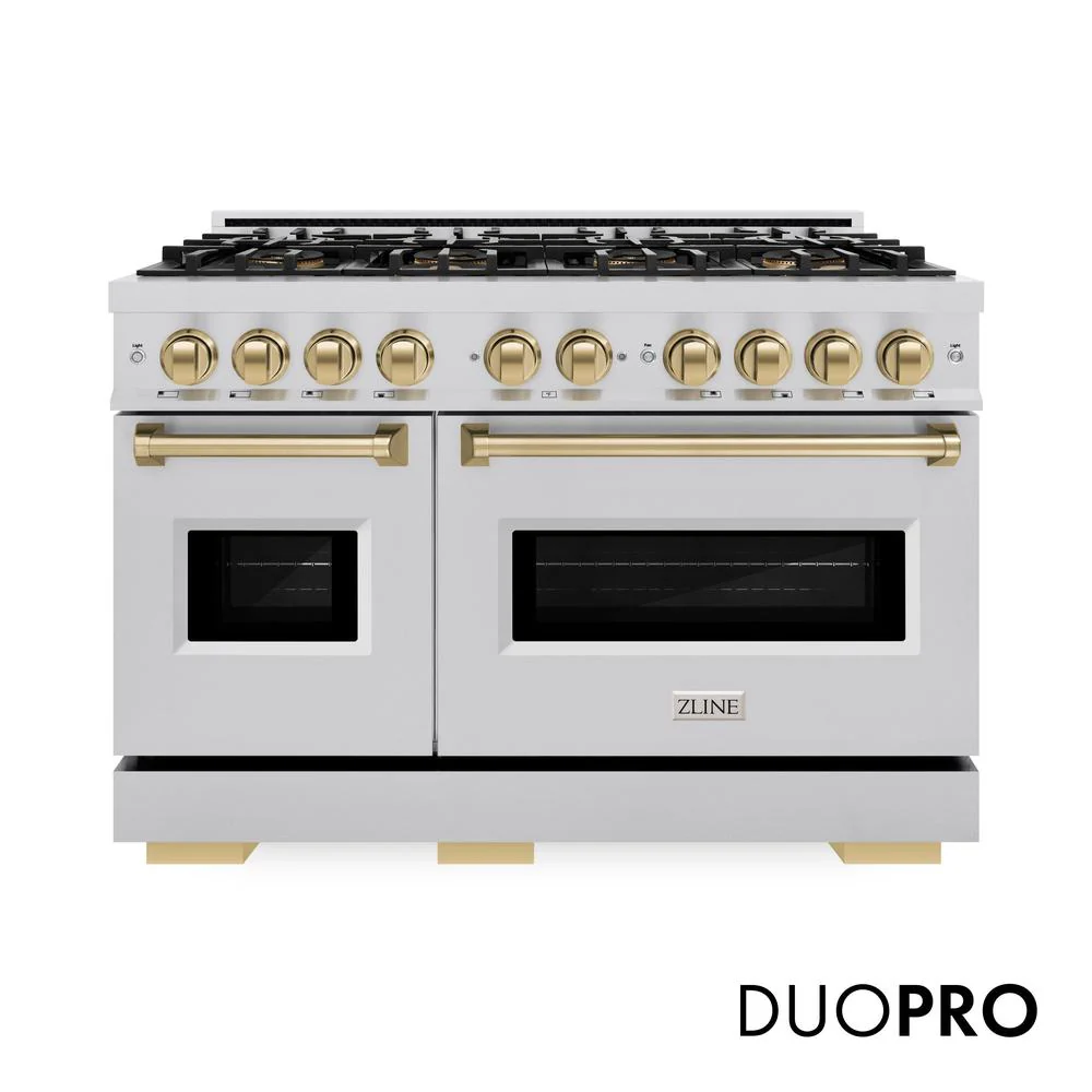 Autograph Edition 48 In. 6.7 Cu. Ft. Classic Dual Fuel Range With 8 Burner Duopro™ Cooktop And Dual Ovens In Stainless Steel And Champagne Bronze Accents PCDRZ48CB