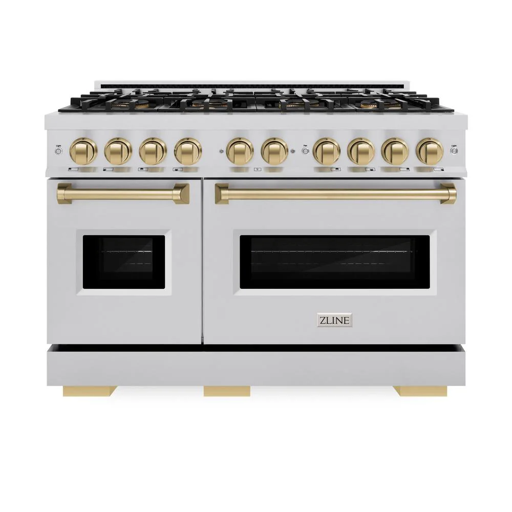 Autograph Edition 48 In. 6.7 Cu. Ft. Classic Dual Fuel Range With 8 Burner Duopro™ Cooktop And Dual Ovens In Stainless Steel And Champagne Bronze Accents PCDRZ48CB