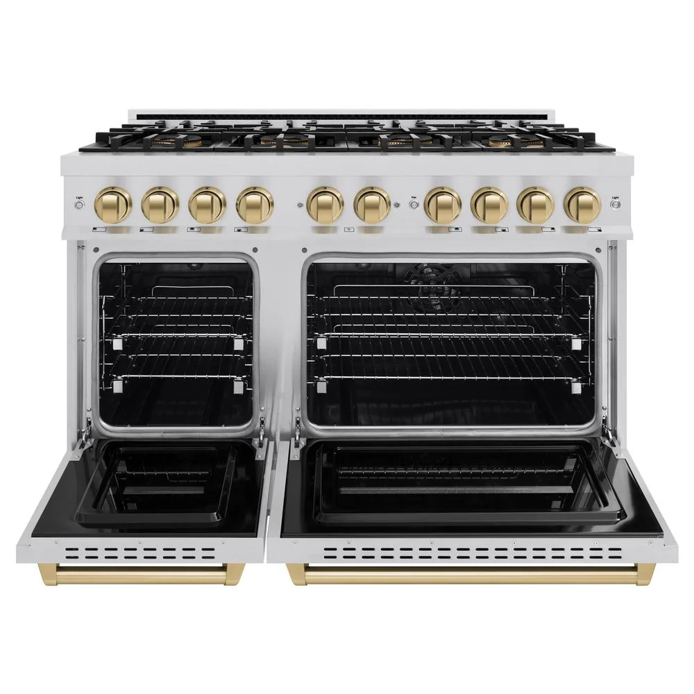 Autograph Edition 48 In. 6.7 Cu. Ft. Classic Dual Fuel Range With 8 Burner Duopro™ Cooktop And Dual Ovens In Stainless Steel And Champagne Bronze Accents PCDRZ48CB