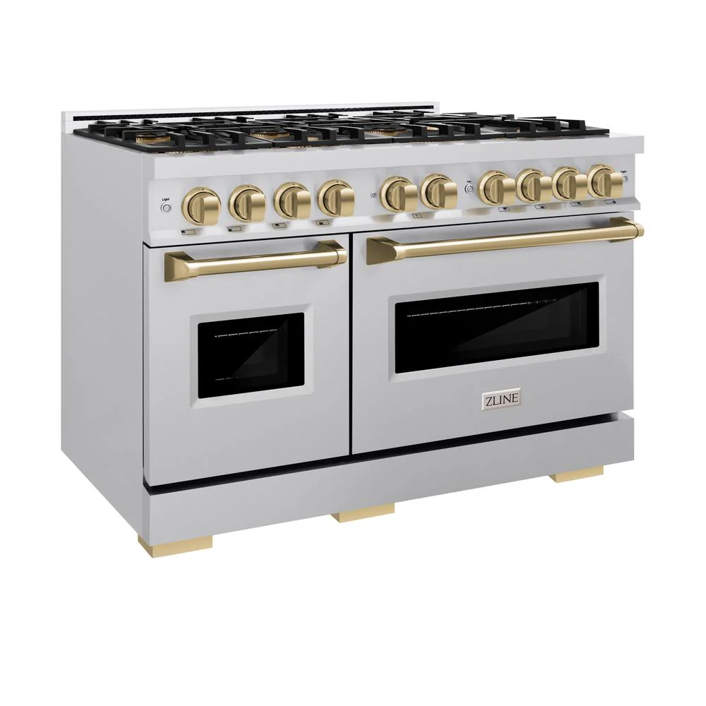 Autograph Edition 48 In. 6.7 Cu. Ft. Classic Dual Fuel Range With 8 Burner Duopro™ Cooktop And Dual Ovens In Stainless Steel And Champagne Bronze Accents PCDRZ48CB