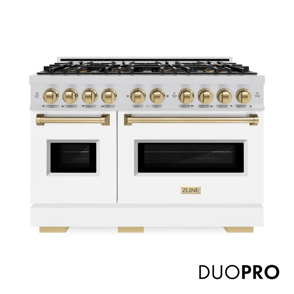 Autograph Edition 48 In. 6.7 Cu. Ft. Classic Dual Fuel Range With 8 Burner Duopro™ Cooktop And Dual Ovens With White Matte Doors And Champagne Bronze Accents PCDRZWM48CB