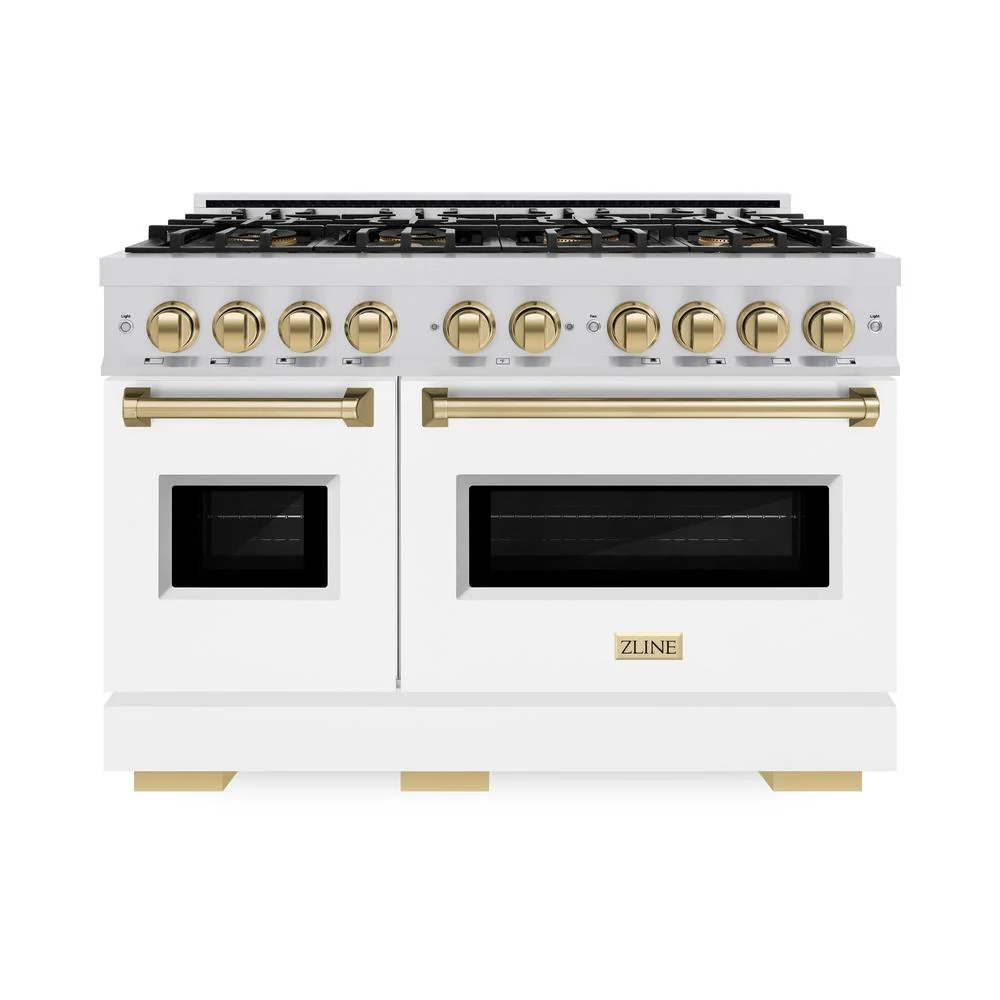 Autograph Edition 48 In. 6.7 Cu. Ft. Classic Dual Fuel Range With 8 Burner Duopro™ Cooktop And Dual Ovens With White Matte Doors And Champagne Bronze Accents PCDRZWM48CB