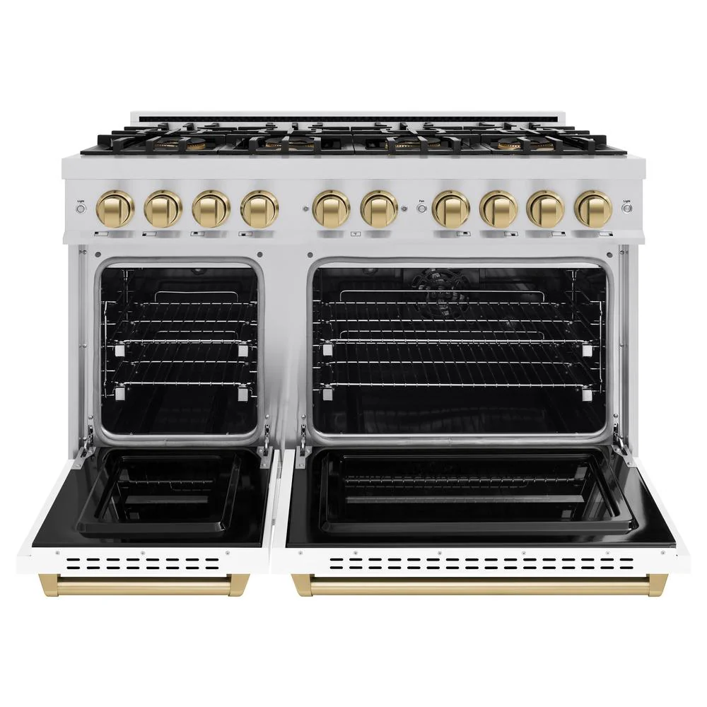 Autograph Edition 48 In. 6.7 Cu. Ft. Classic Dual Fuel Range With 8 Burner Duopro™ Cooktop And Dual Ovens With White Matte Doors And Champagne Bronze Accents PCDRZWM48CB
