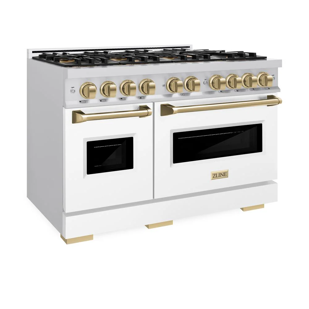 Autograph Edition 48 In. 6.7 Cu. Ft. Classic Dual Fuel Range With 8 Burner Duopro™ Cooktop And Dual Ovens With White Matte Doors And Champagne Bronze Accents PCDRZWM48CB