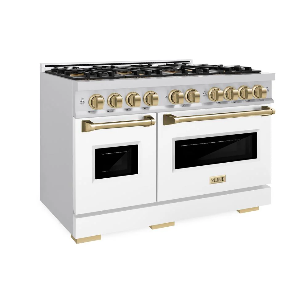 Autograph Edition 48 In. 6.7 Cu. Ft. Classic Dual Fuel Range With 8 Burner Duopro™ Cooktop And Dual Ovens With White Matte Doors And Champagne Bronze Accents PCDRZWM48CB