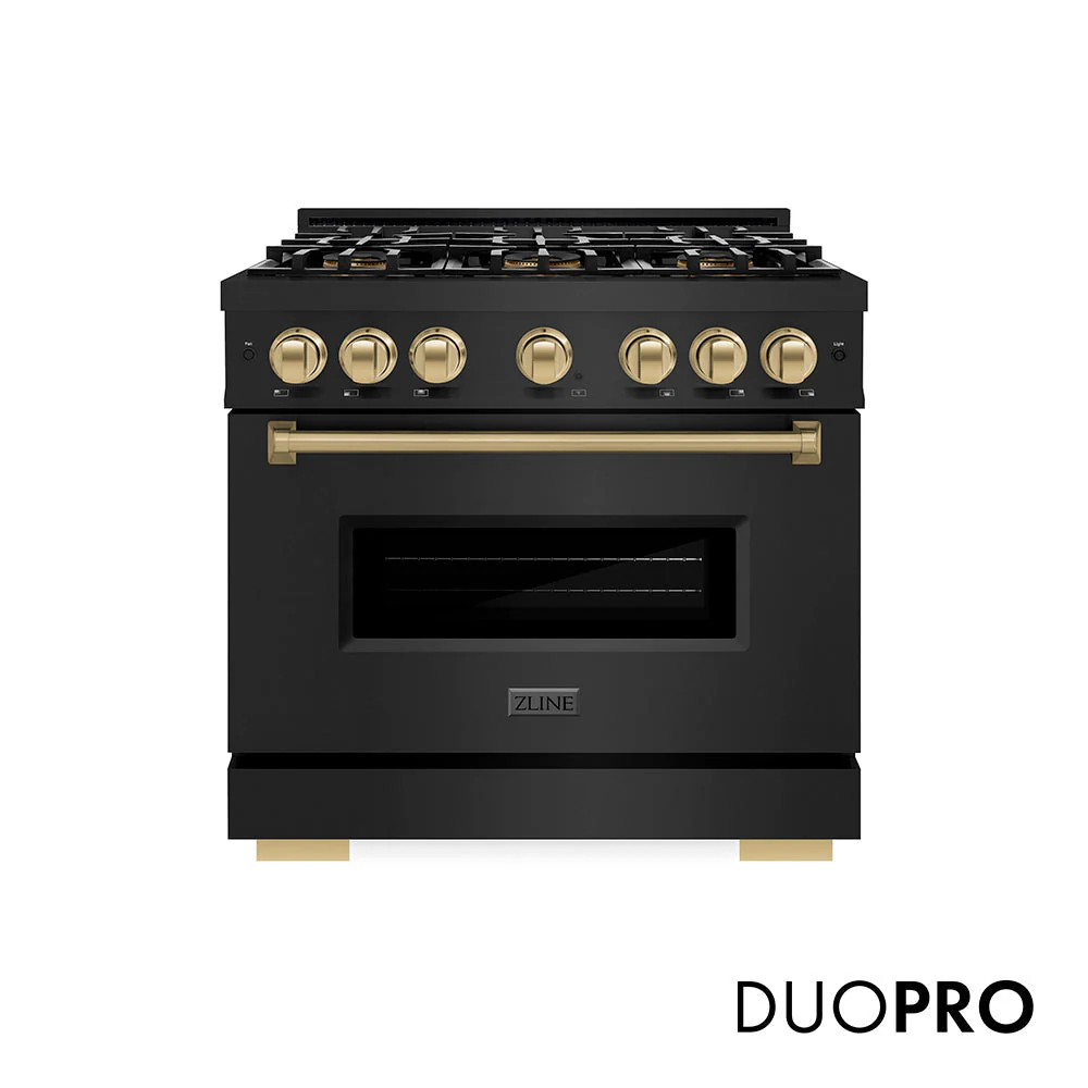 Autograph Edition 36 In. 5.2 Cu. Ft. Classic Gas Range With 6 Burner Duopro™ Cooktop And Convection Gas Oven In Black Stainless Steel And Champagne Bronze Accents PCGRBZ36CB
