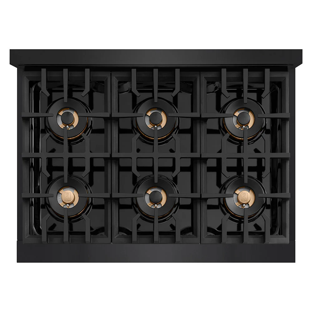 Autograph Edition 36 In. 5.2 Cu. Ft. Classic Gas Range With 6 Burner Duopro™ Cooktop And Convection Gas Oven In Black Stainless Steel And Champagne Bronze Accents PCGRBZ36CB