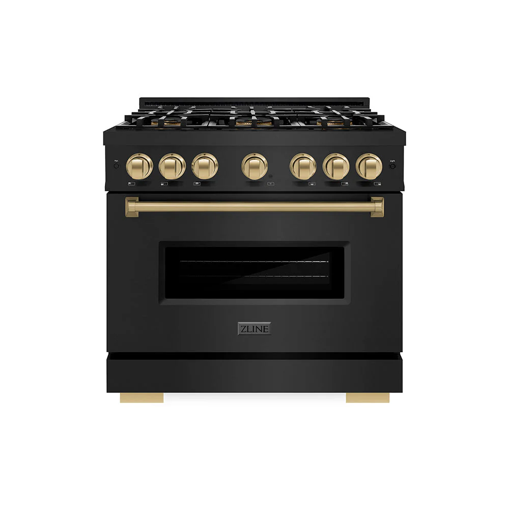 Autograph Edition 36 In. 5.2 Cu. Ft. Classic Gas Range With 6 Burner Duopro™ Cooktop And Convection Gas Oven In Black Stainless Steel And Champagne Bronze Accents PCGRBZ36CB