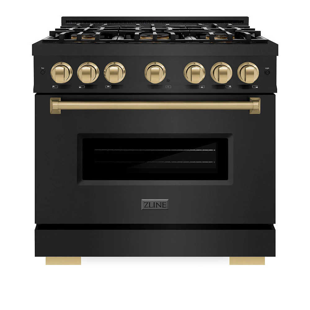 Autograph Edition 36 In. 5.2 Cu. Ft. Classic Gas Range With 6 Burner Duopro™ Cooktop And Convection Gas Oven In Black Stainless Steel And Champagne Bronze Accents PCGRBZ36CB