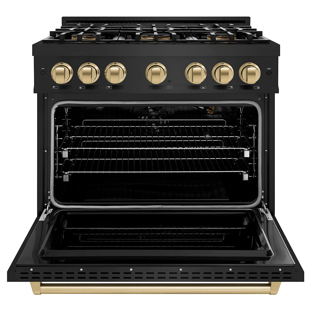 Autograph Edition 36 In. 5.2 Cu. Ft. Classic Gas Range With 6 Burner Duopro™ Cooktop And Convection Gas Oven In Black Stainless Steel And Champagne Bronze Accents PCGRBZ36CB