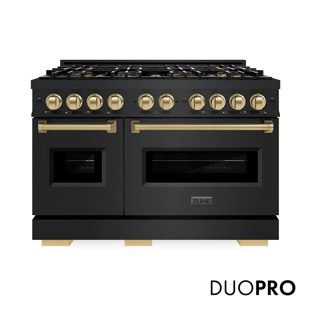 Autograph Edition 48 In. 6.7 Cu. Ft. Classic Gas Range With 8 Burner Duopro™ Cooktop And Dual Ovens In Black Stainless Steel And Champagne Bronze Accents PCGRBZ48CB
