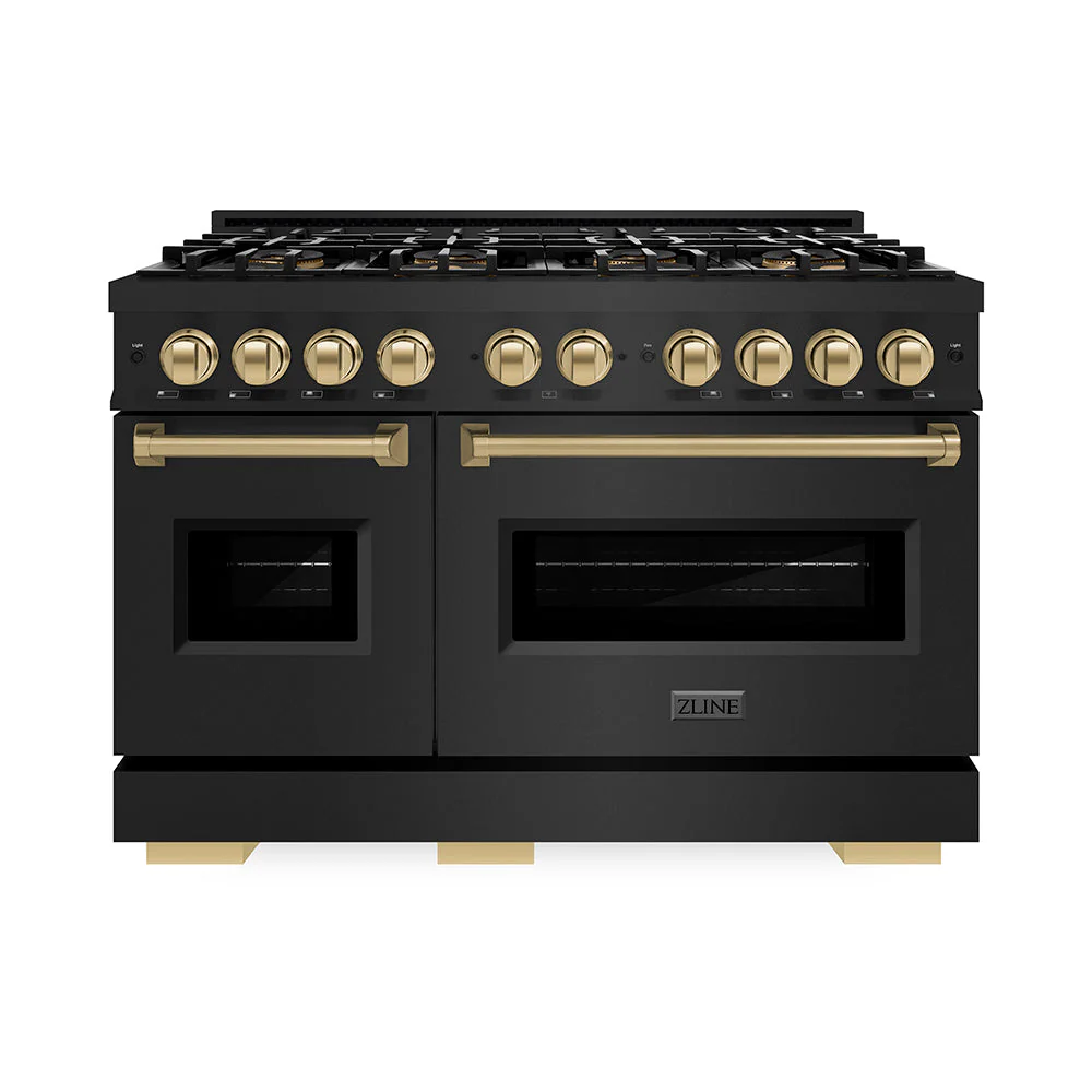 Autograph Edition 48 In. 6.7 Cu. Ft. Classic Gas Range With 8 Burner Duopro™ Cooktop And Dual Ovens In Black Stainless Steel And Champagne Bronze Accents PCGRBZ48CB