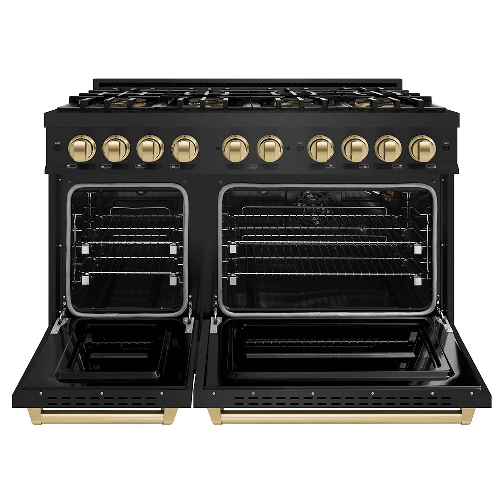 Autograph Edition 48 In. 6.7 Cu. Ft. Classic Gas Range With 8 Burner Duopro™ Cooktop And Dual Ovens In Black Stainless Steel And Champagne Bronze Accents PCGRBZ48CB