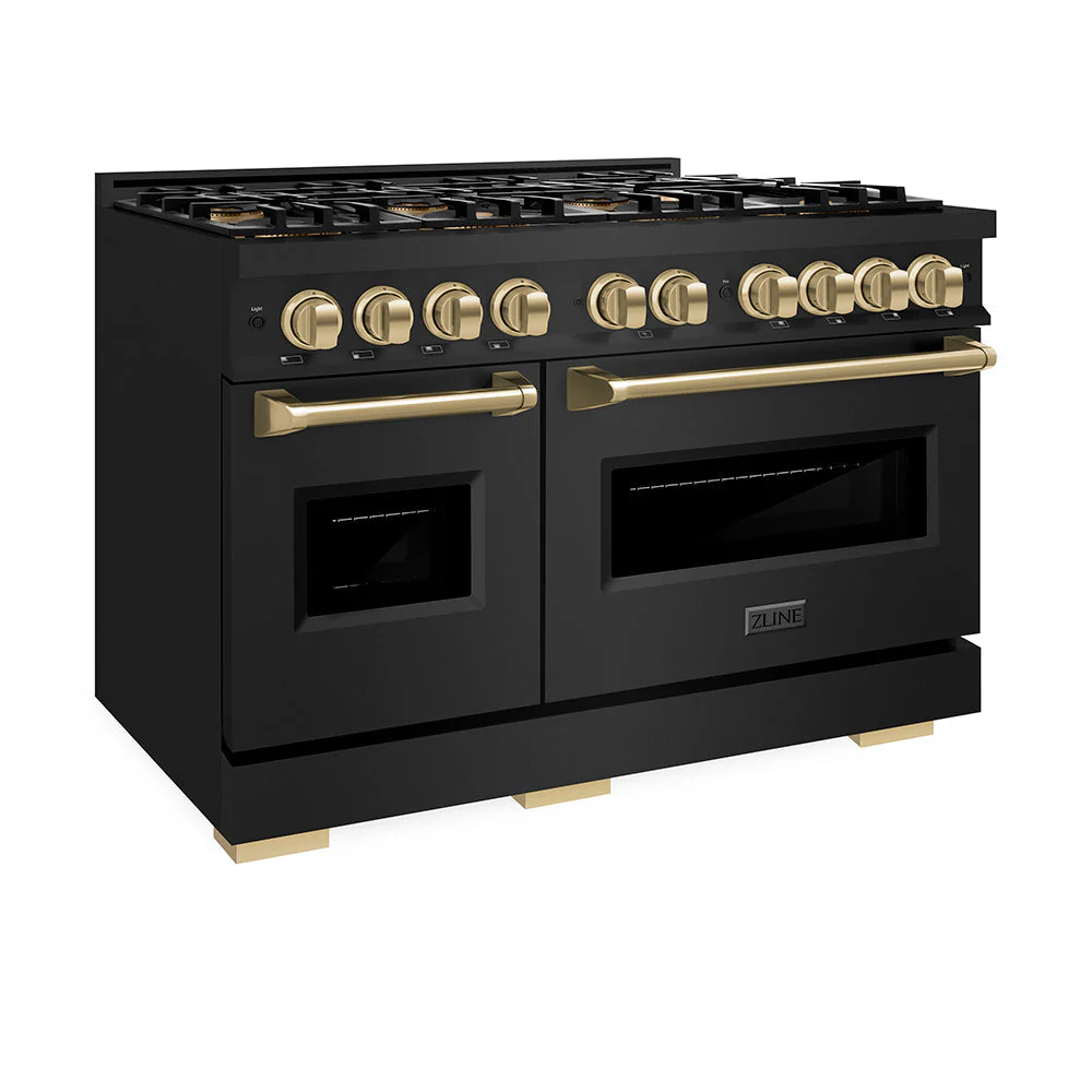 Autograph Edition 48 In. 6.7 Cu. Ft. Classic Gas Range With 8 Burner Duopro™ Cooktop And Dual Ovens In Black Stainless Steel And Champagne Bronze Accents PCGRBZ48CB