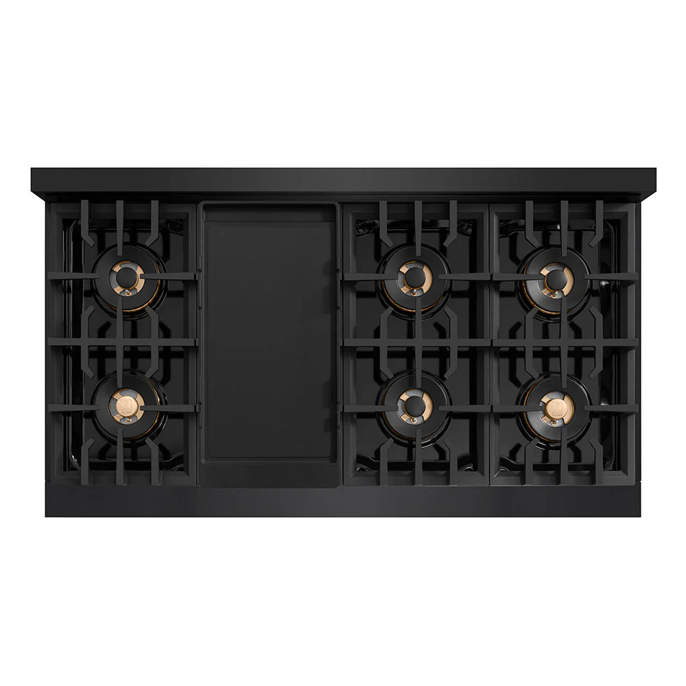 Autograph Edition 48 In. 6.7 Cu. Ft. Classic Gas Range With 8 Burner Duopro™ Cooktop And Dual Ovens In Black Stainless Steel And Champagne Bronze Accents PCGRBZ48CB
