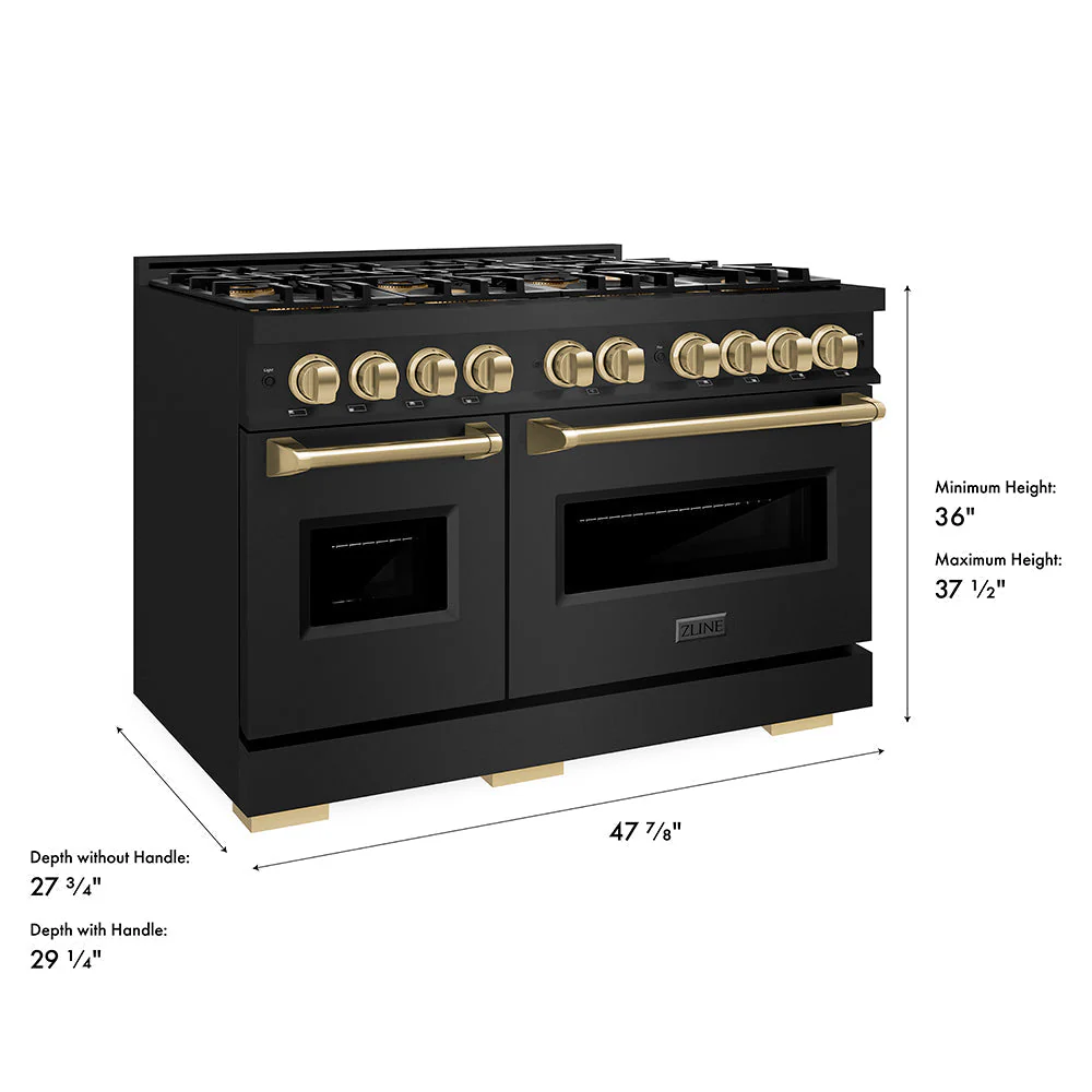 Autograph Edition 48 In. 6.7 Cu. Ft. Classic Gas Range With 8 Burner Duopro™ Cooktop And Dual Ovens In Black Stainless Steel And Champagne Bronze Accents PCGRBZ48CB