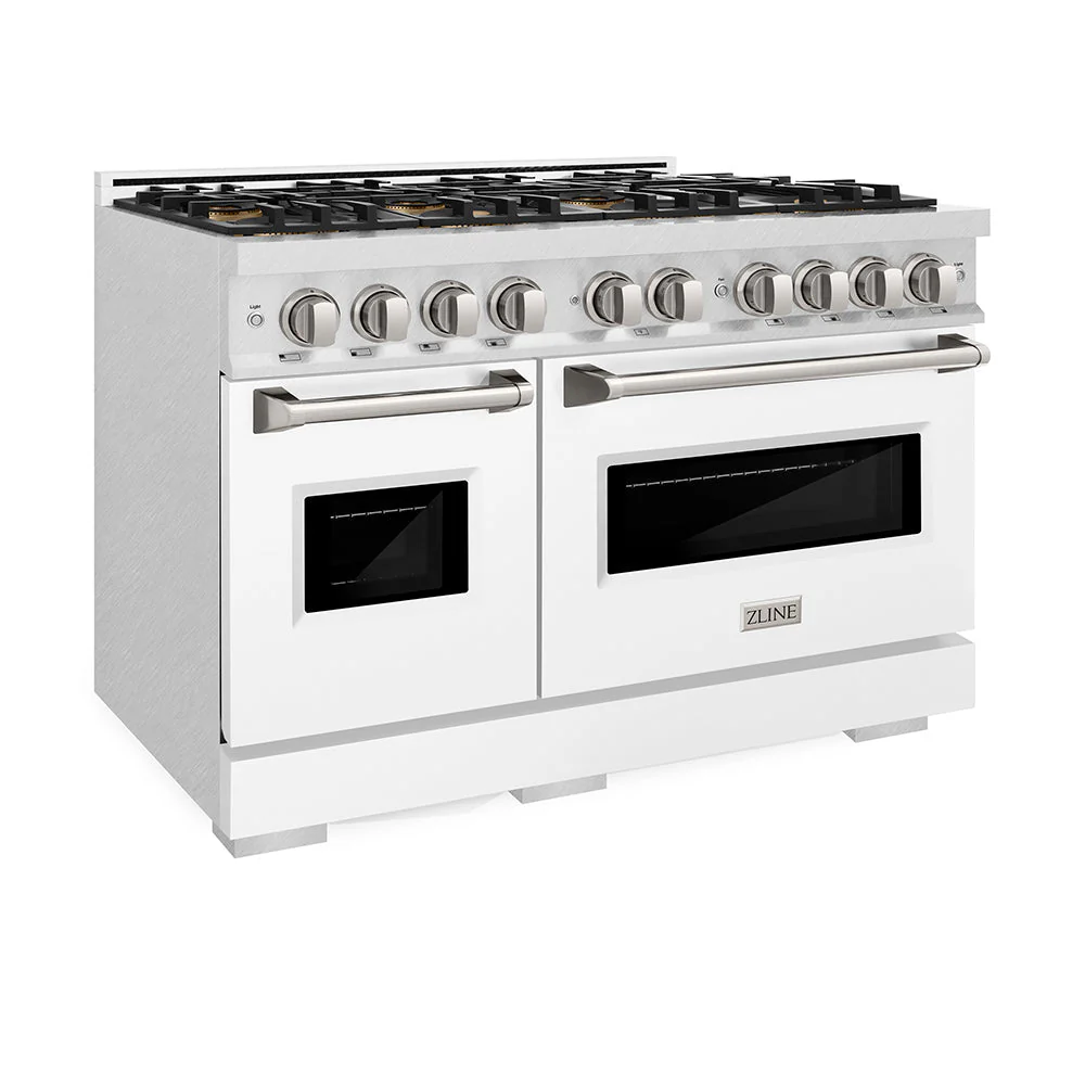 48 In. 6.7 Cu. Ft. Classic Gas Range With 8 Burner Duopro™ Cooktop And Dual Ovens In Satin Stainless Steel With White Matte Doors PCGRSWM48