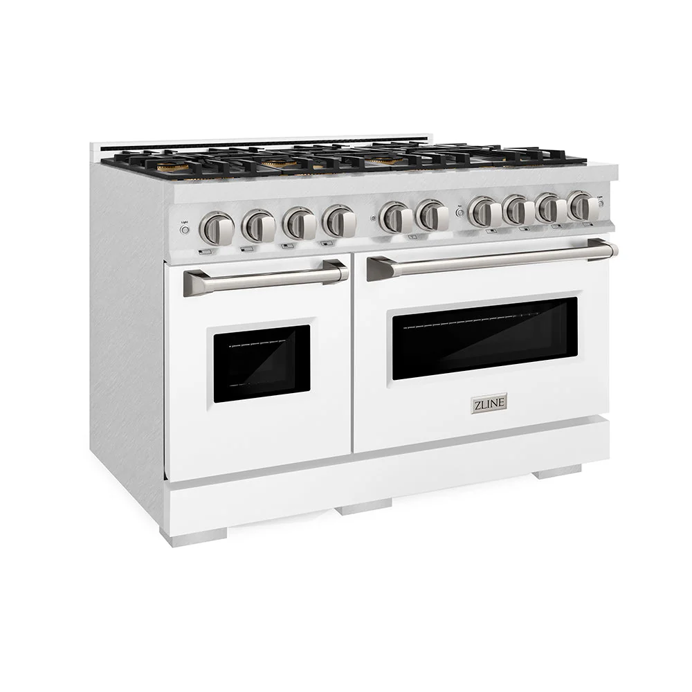 48 In. 6.7 Cu. Ft. Classic Gas Range With 8 Burner Duopro™ Cooktop And Dual Ovens In Satin Stainless Steel With White Matte Doors PCGRSWM48