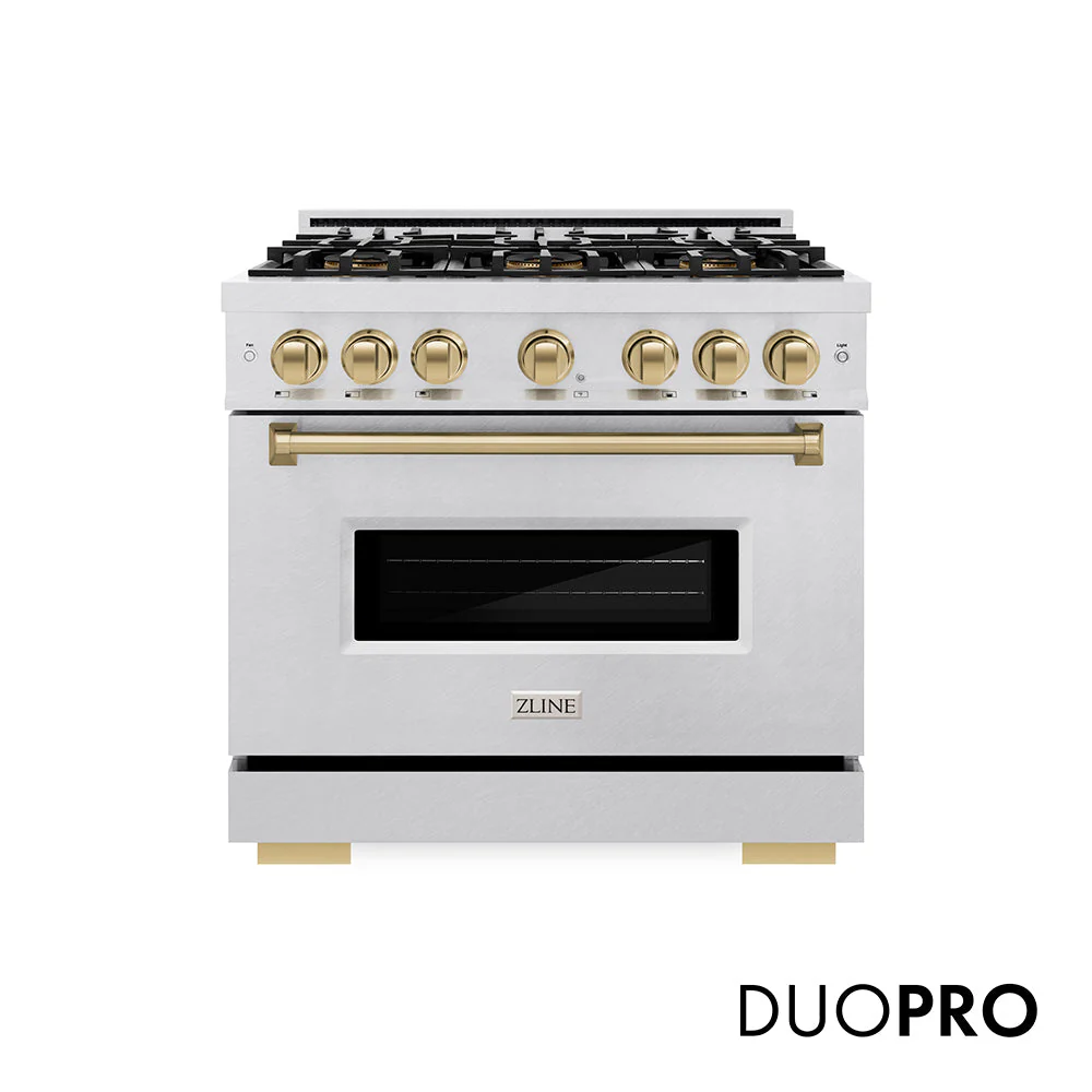 Autograph Edition 36 In. 5.2 Cu. Ft. Classic Gas Range With 6 Burner Duopro™ Cooktop And Convection Gas Oven In Satin Stainless Steel And Champagne Bronze Accents PCGRSZ36CB
