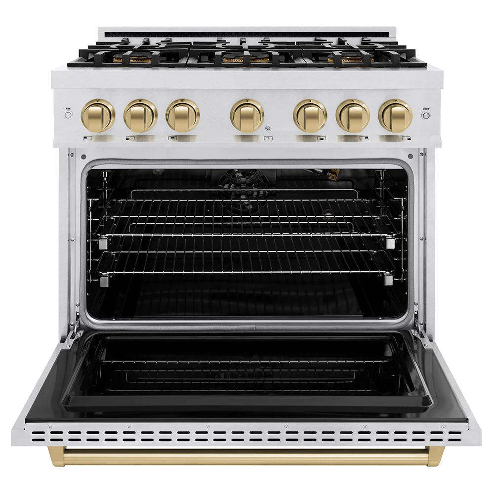 Autograph Edition 36 In. 5.2 Cu. Ft. Classic Gas Range With 6 Burner Duopro™ Cooktop And Convection Gas Oven In Satin Stainless Steel And Champagne Bronze Accents PCGRSZ36CB