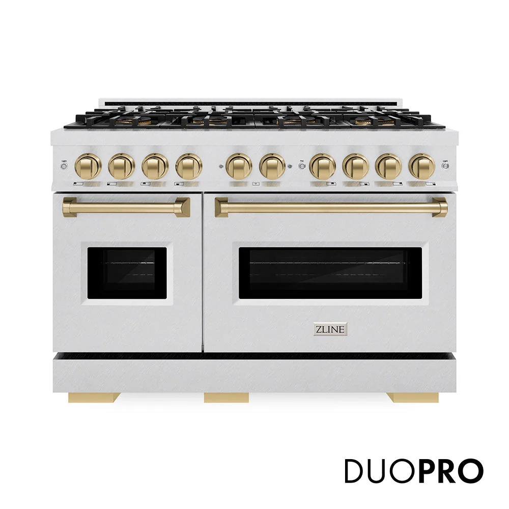 Autograph Edition 48 In. 6.7 Cu. Ft. Classic Gas Range With 8 Burner Duopro™ Cooktop And Dual Ovens In Satin Stainless Steel And Champagne Bronze Accents PCGRSZ48CB