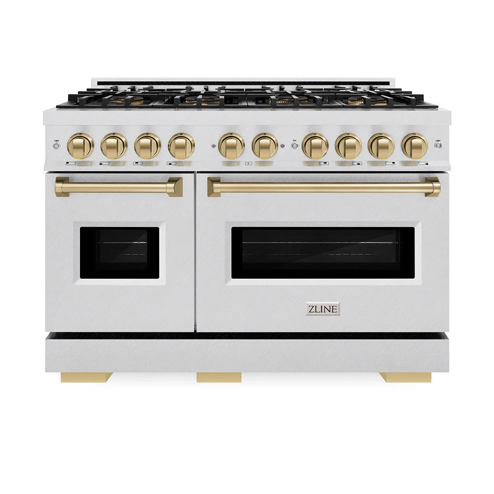 Autograph Edition 48 In. 6.7 Cu. Ft. Classic Gas Range With 8 Burner Duopro™ Cooktop And Dual Ovens In Satin Stainless Steel And Champagne Bronze Accents PCGRSZ48CB