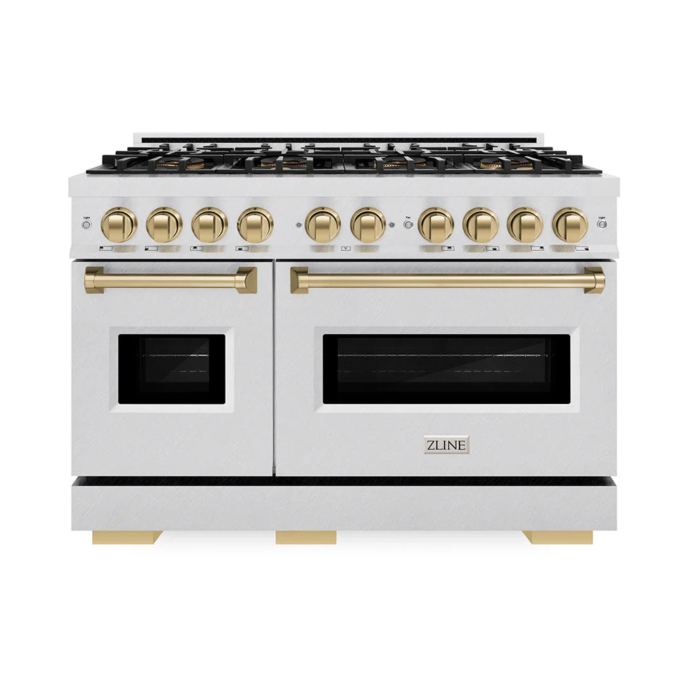 Autograph Edition 48 In. 6.7 Cu. Ft. Classic Gas Range With 8 Burner Duopro™ Cooktop And Dual Ovens In Satin Stainless Steel And Champagne Bronze Accents PCGRSZ48CB